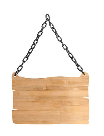 close up of an empty wooden sign and chain on white backgroundの写真素材