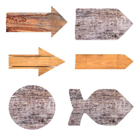 collection of various empty wooden sign on white background  each one is shot separatelyの写真素材