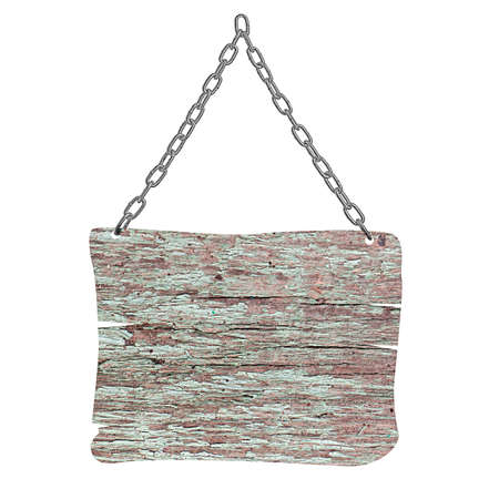 close up of an empty wooden sign and chain on white backgroundの写真素材