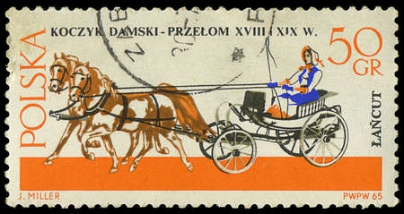 POLAND - CIRCA 1965  a stamp printed in Poland showing horses drawing carriage, circa 1965のeditorial素材