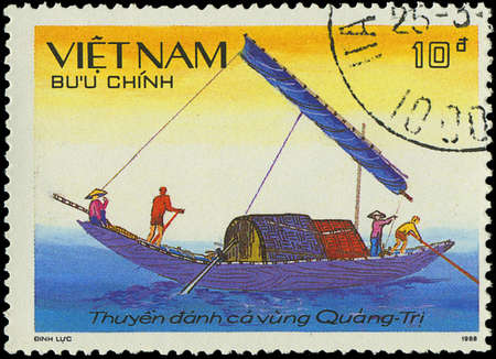 VIETNAM - CIRCA 1988  a stamp printed by VIETNAM shows image of a sailing ship, series, circa 1988の写真素材