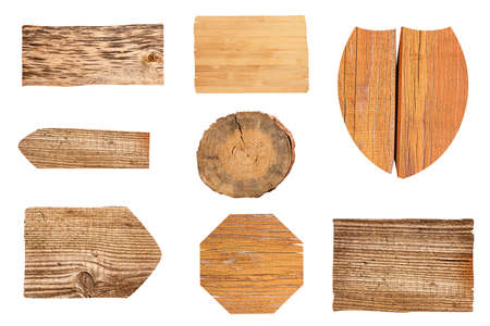 collection of various empty wooden sign on white background. each one is shot separatelyのeditorial素材