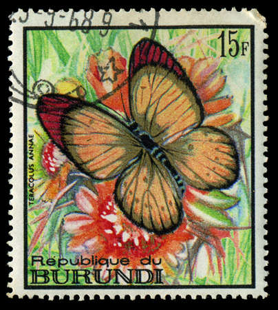REPUBLIC OF BURUNDI - CIRCA 1968: A stamp printed in Burundi shows a butterfly Teracolus annae, circa 1968のeditorial素材
