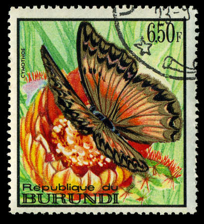 BURUNDI - CIRCA 1973: A stamp printed in Burundi shows butterfly Cymothoe, circa 1973のeditorial素材