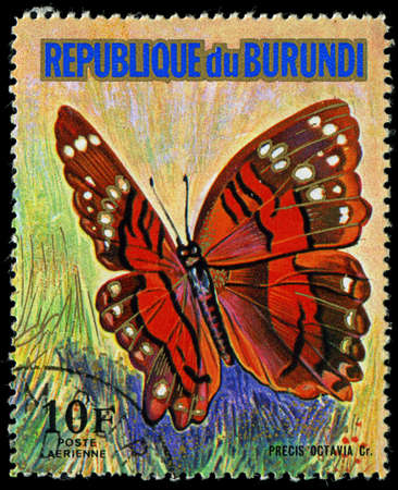 REPUBLIC OF BURUNDI - CIRCA 1974: A stamp printed in Burundi shows a butterfly Precis Octavia Cr., series, circa 1974のeditorial素材