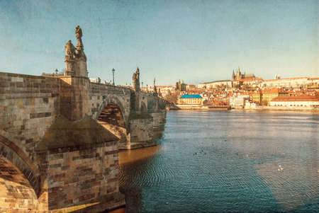  Prague, Charles Bridge, capital city of Czech Republic, textured old paperの写真素材
