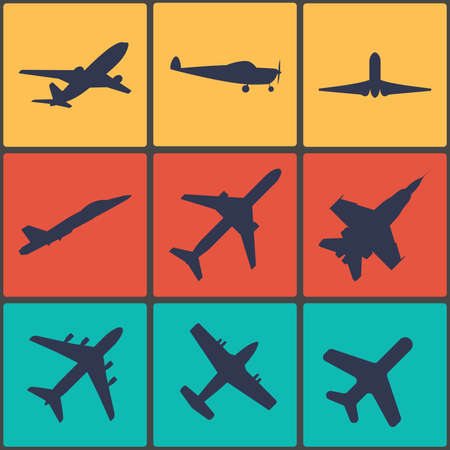 Airplane sign. Plane symbol. Travel icon. Flight flat label. Colourful 9 buttonsのイラスト素材