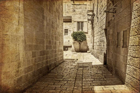 Ancient Alley in Jewish Quarter, Jerusalem. Israel. Photo in old color image style.の写真素材