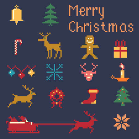 Christmas pixel style icons set, winter pattern pixels.のイラスト素材