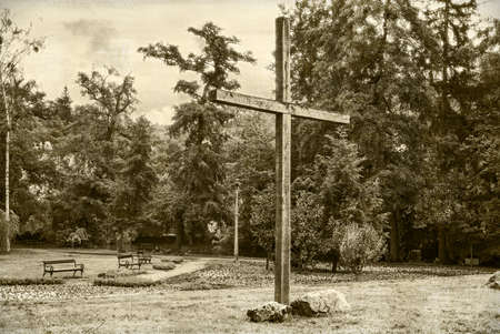 Retro photograph wooden cross  against a dramatic forestの写真素材
