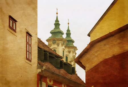 The medieval town of Eger taken from the ramparts of the Eger fort. Photo in old color image style.の写真素材