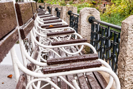 Bench with raindrops in the autumn parkの写真素材