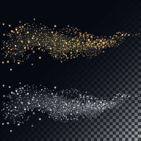 Golden and silver star with twinkling  trail on black background, vectorのイラスト素材