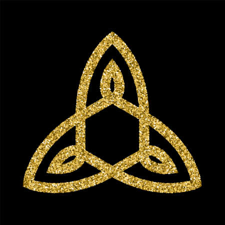 Golden glittering icon template in Celtic knots style on black background. Triangular symbol. Gold ornament for jewelry design.のイラスト素材