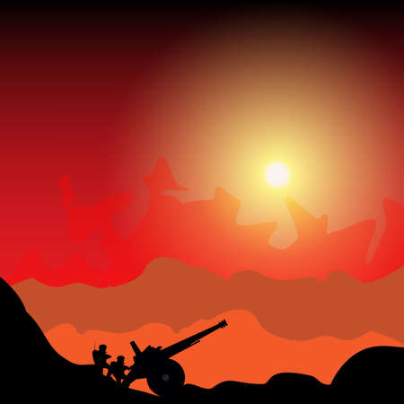 Silhouette cannon and soldiers against background of the battleのイラスト素材