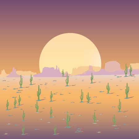 Cartoon Mexican desert landscape, sunset silhouette illustrationのイラスト素材