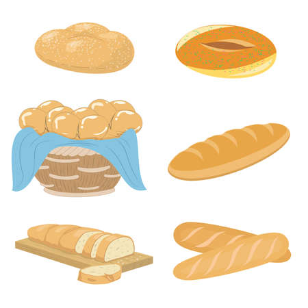 Illustration of a set of various bread, bakery and pastry food icons products.のイラスト素材