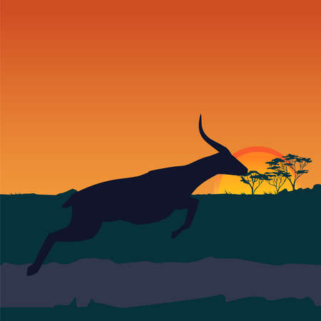 Orange evening savanna scenery. Silhouette of the running antelope, wild animal. Vector illustrationのイラスト素材