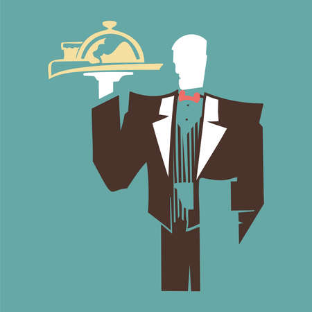 Silhouette of standing waiter holds a tray.のイラスト素材
