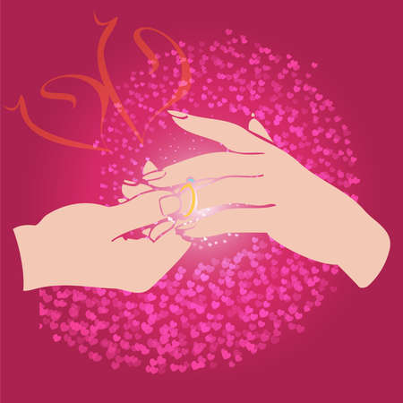 Groom puts the ring on the bride hand.のイラスト素材