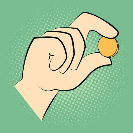 Hand holding a coin between two fingers. Pop art retro styleのイラスト素材