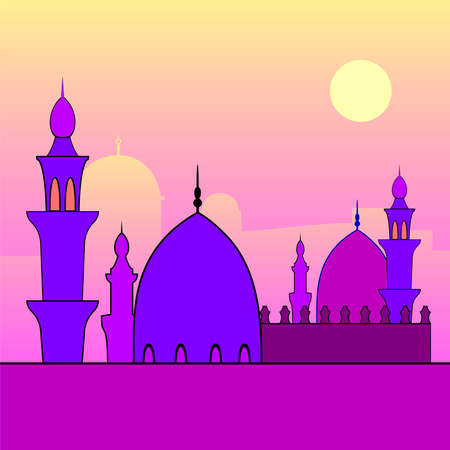 Evening landscape with mosques and sunset. For holy month of muslim community Ramadan Kareem celebrationのイラスト素材