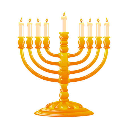 For Happy Hanukkah, jewish holiday. Golden menorah with burning candles on white background. Vector illustration.のイラスト素材