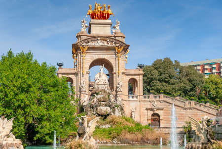 View of Cascada at Parc de la Ciutadella - a triumphal arch with waterfall and fountain built for 1888 Universal exhibition. Baroque construction was designed by Josep Fontsere. Barcelona. Spain.の写真素材