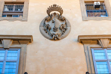 Facade detail of Medici home. Powerful Tuscan Dynasty. Florence, Tuscany, Italy.の写真素材