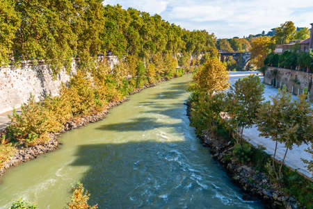 Tiber Island Isola Tiberina on the river Tiber in Rome, Italy.の写真素材