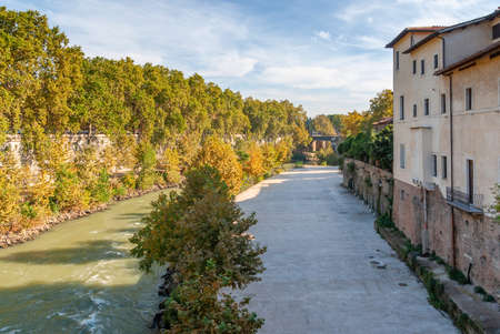 Tiber Island Isola Tiberina on the river Tiber in Rome, Italy.の写真素材