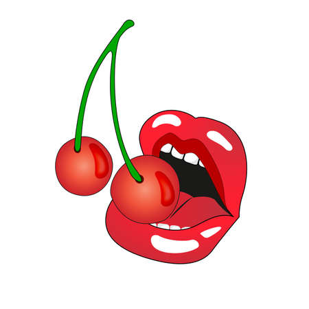 Female sexy red lips with a juicy cherry. Vector Illustrationのイラスト素材
