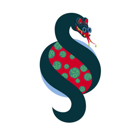Snake entwined around the planet symbolizing a virus infection. Covid-19 Coronavirus symbol. World...