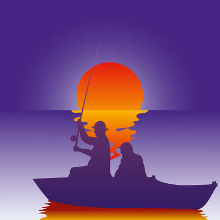 Vector illustration background fisherman on the boat fishes at sunset. Fishing at sunrise.のイラスト素材