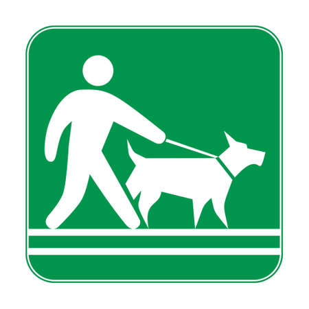 Green sign, man walking with a dog on a leash. Prohibiting and resolving signs. Dog owner sign.のイラスト素材