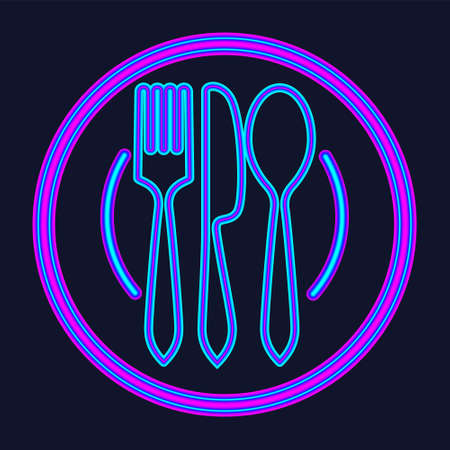 Plate, fork and knife neon sign. Meal and restaurant advertisement design. Night bright neon sign, colorful billboard, light banner. Vector illustration in neon style.のイラスト素材