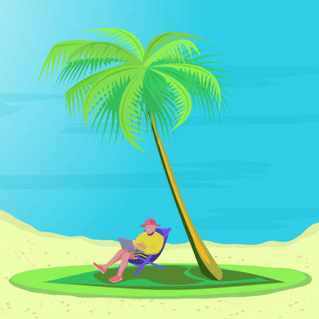 Bearded man is lying on a deck chair on the beach with laptop under the palm trees. Concept telework, freelance and freedom. Male characte with computer on lap. Illustration in flat styleのイラスト素材