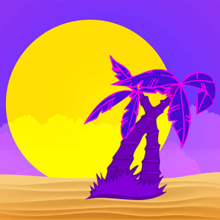 Evening on the beach with palm trees. Colorful picture for rest. Lilac palm trees and lilac sunset in the sky.のイラスト素材