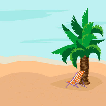 Summer rest. Sunny day. Deck chairs under the palm tree. Warm sea. Concept of relaxation. Vector illustration.のイラスト素材