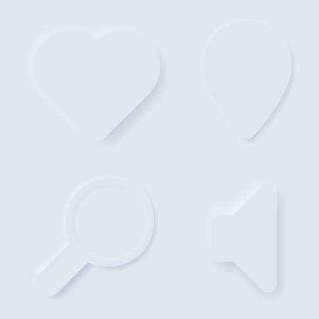 Neomorphism designs, UI components. Design trends, Neumorphic 2020, simple and soft buttons, icons, symbols,navigation, magnifier circle heart speakerのイラスト素材