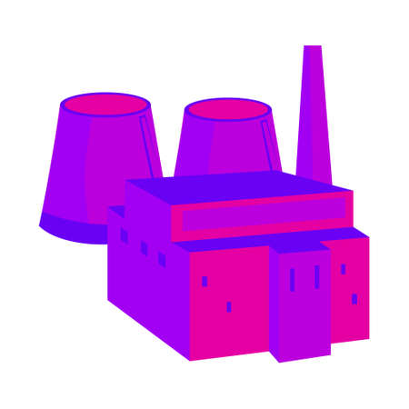 Nuclear power plant. Colorful illustration in a flat style. System with nuclear reactor and Cooling tower on white backgroundのイラスト素材