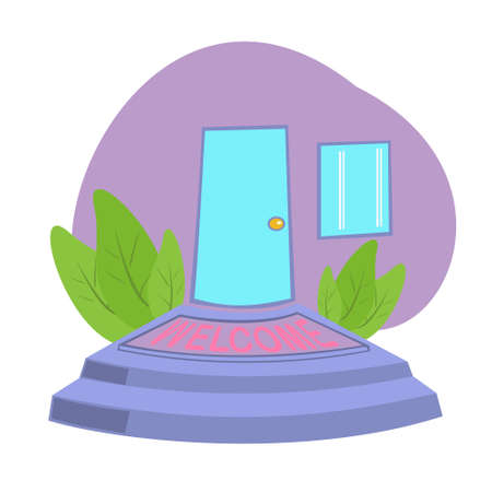 Front door with Welcome Doormat In Front of Door , entrance plaque, vector lettering and illustration in flat styleのイラスト素材