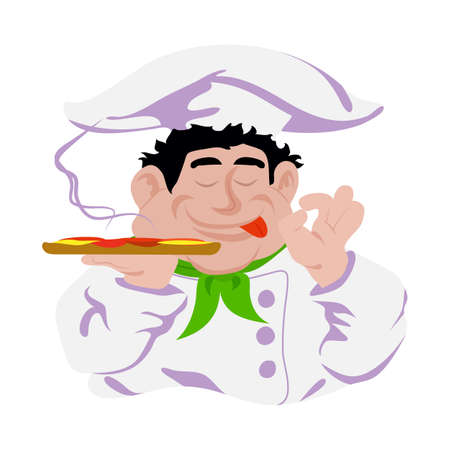 Funny cook italian holds pizza in hand, white background - vector illustration eps 10のイラスト素材
