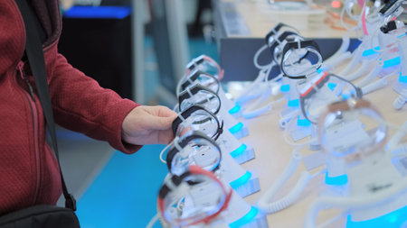 Women hands choose wrist watches in the store. There are many colorful high-tech watches on the standの写真素材