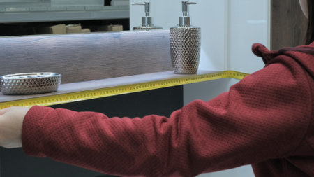 Caucasian woman in store measures shelf with bathroom mirror with tape measure. Woman is wearing red...