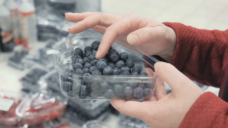 Girl in a store buys fresh blueberry. Hands girls close up keep a plastic container with a blue...