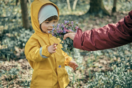 Mom gives a cute little girl in a yellow raincoat with a hood a bouquet of early spring flowers Pulmonaria obscura in blue. Concept of family relations between child and a mother, love and happinessの写真素材