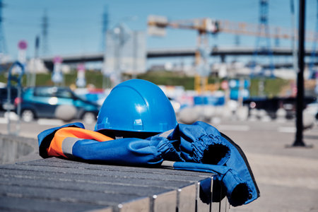 Blue construction helmet and overalls are lying on a bench. A construction site is visible in the backgroundの写真素材