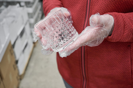 Caucasian girl in against virus gloves buys clear glass for strong alcoholic beverages in store. Concept of safe shopping and going to malls during epidemics and pandemics of viruses. Hands close upの写真素材
