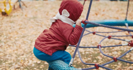 Small, cute child rides on a swing in the yard on a walk. The carousel rolls the baby. Lifestyle and active recreationの写真素材